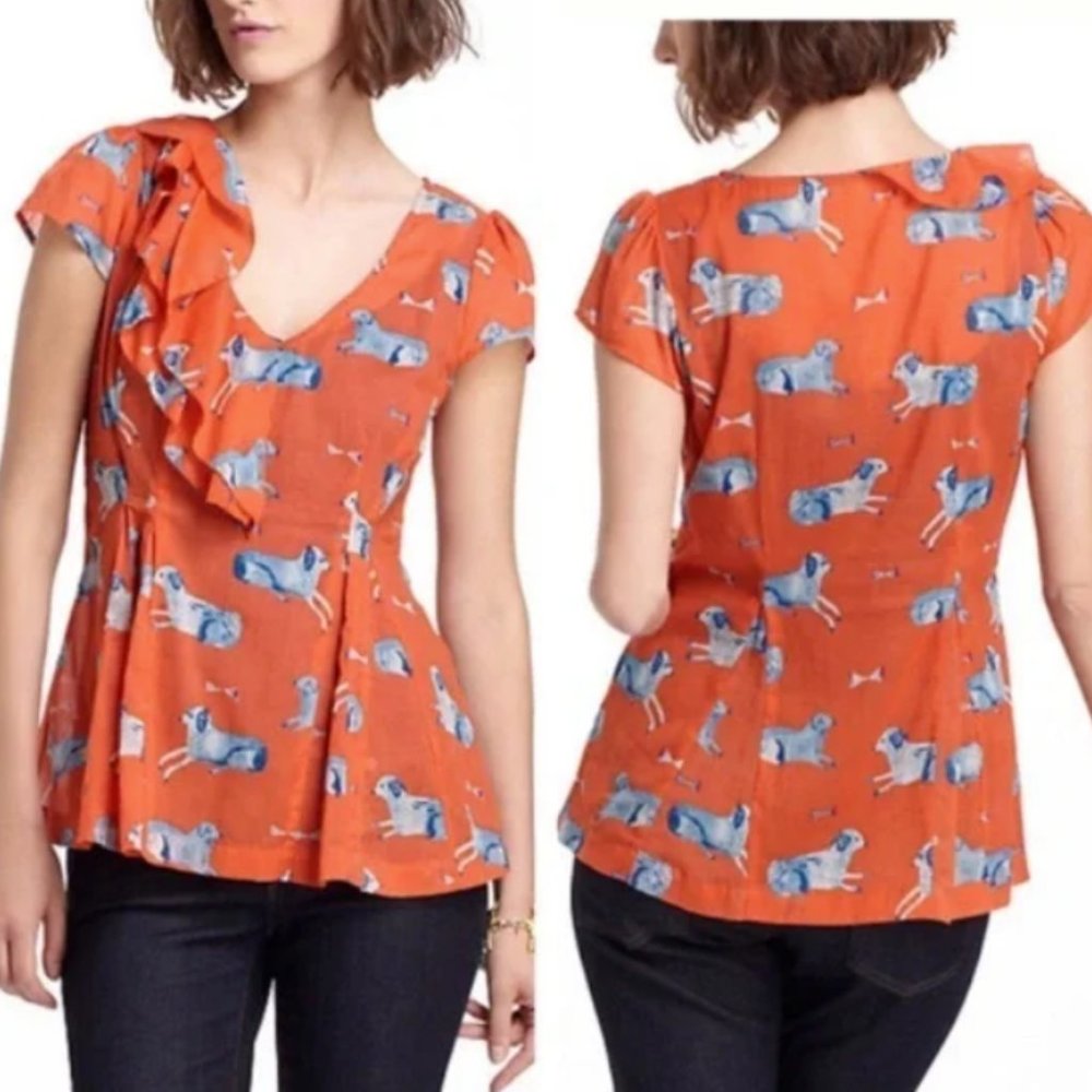 Anthropologie Orange Blouse with Blue Dog Print